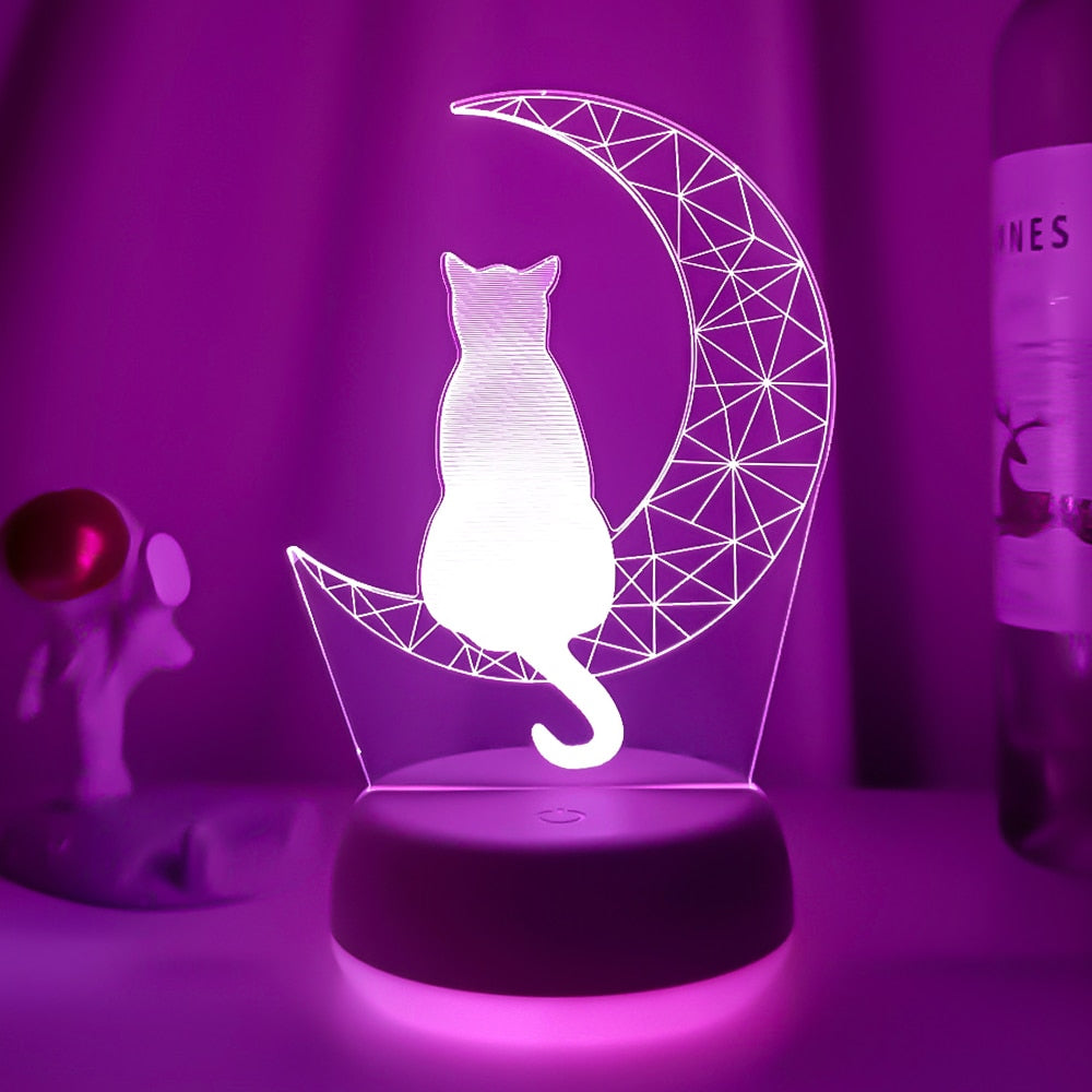 Luminária 3D Gatinho na Lua Luz Noturna Acrílica com Toque Felino - BonoPet